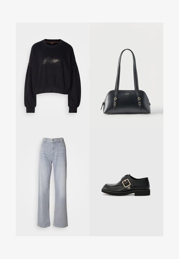 Sorte cropped sweatshirt med ribbet halsudskæring, puffede ærmer og en dekorativ glitrende grafik foran. Blødt stof med elastisk kant.; Lys grå vidde jeans med høj talje, lavet af denim. Har forlommer, lynlås og subtil falmen over det hele.; Sort lædersko med rund tå, udstyret med en guldbuckle og en flad gummisål. Glat tekstur med diskrete syningsdetaljer.; Sort læderhåndtaske med gulddetaljer, dobbelte stropper og "HUGO"-logo foran, mod en ensartet hvid baggrund.