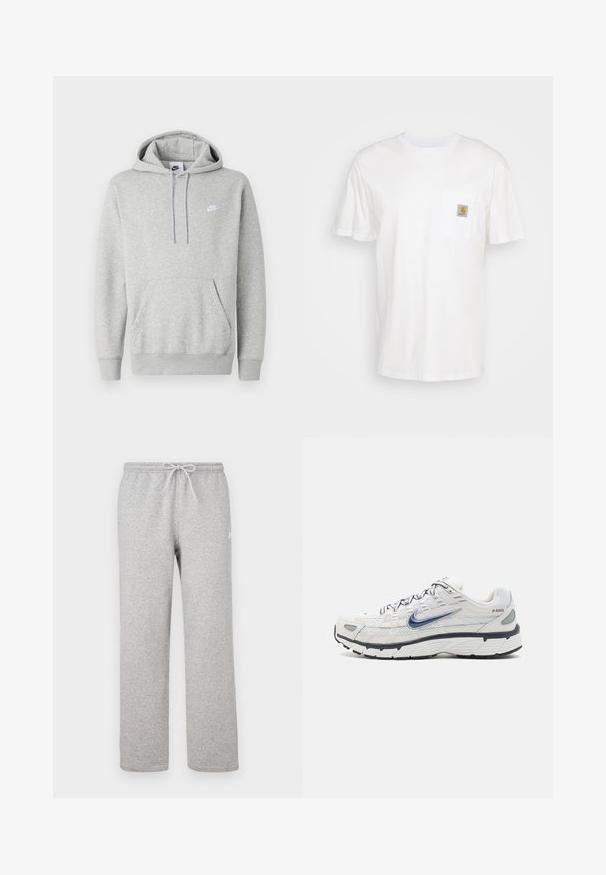 Hellgrauer Hoodie aus weichem Stoff mit Kängurutasche, Kapuze mit Kordelzug und kleinem weißem Logo auf der Brust.; Weißes Baumwoll-T-Shirt mit kurzen Ärmeln, einer Brusttasche und einem kleinen quadratischen Logopatch in Orange und Weiß auf der Tasche.; Graue Jogginghosen mit einem elastischen Bund und Kordelzug. Hergestellt aus weichem Stoff, zeichnen sie sich durch gerade Beine und ein dezentes Logodetail aus.; Nike Sportswear P 6000 - Sneaker low - phantom/obsidian/summit white/white/black/metallic silver