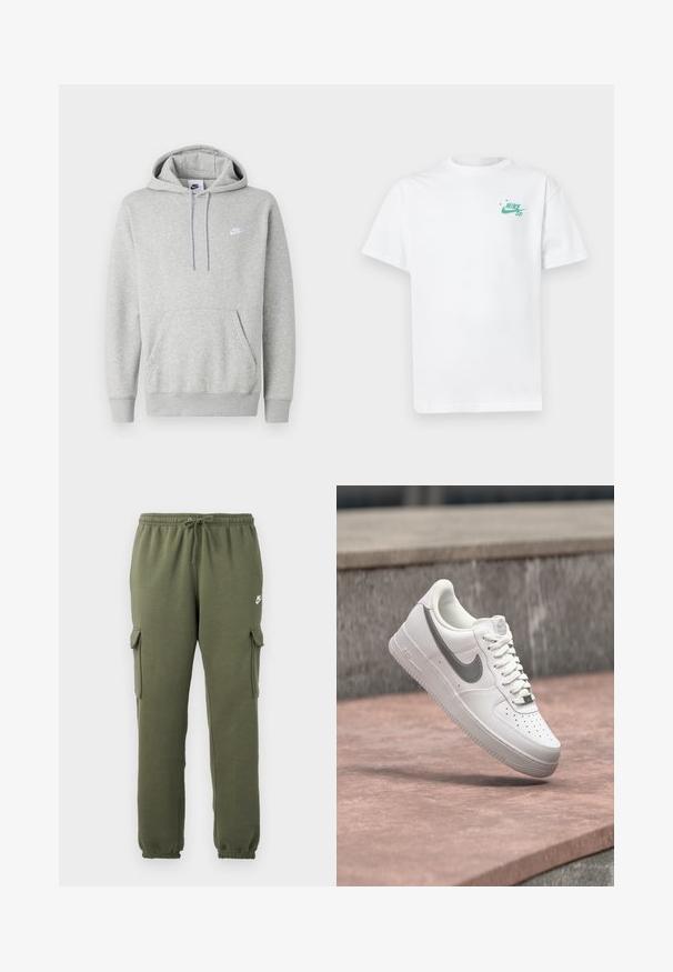 Hellgrauer Hoodie aus weichem Stoff mit Kängurutasche, Kapuze mit Kordelzug und kleinem weißem Logo auf der Brust.; Weiße Baumwoll-T-Shirt mit kleinem grünem Nike-Logo auf der linken Brust. Kurze Ärmel und klassischer Rundhalsausschnitt. Weicher Stoff.; Olivgrüne Cargo-Hosen mit elastischem Bund, Kordelzugverschluss, Seitentaschen und logo auf dem Oberschenkel. Glattes Baumwollmischgewebe.; Weißer Nike Air Force 1 Sneaker mit grauem Swoosh-Logo, der über einer Steinoberfläche und einem grauen Steinwandhintergrund schwebt.