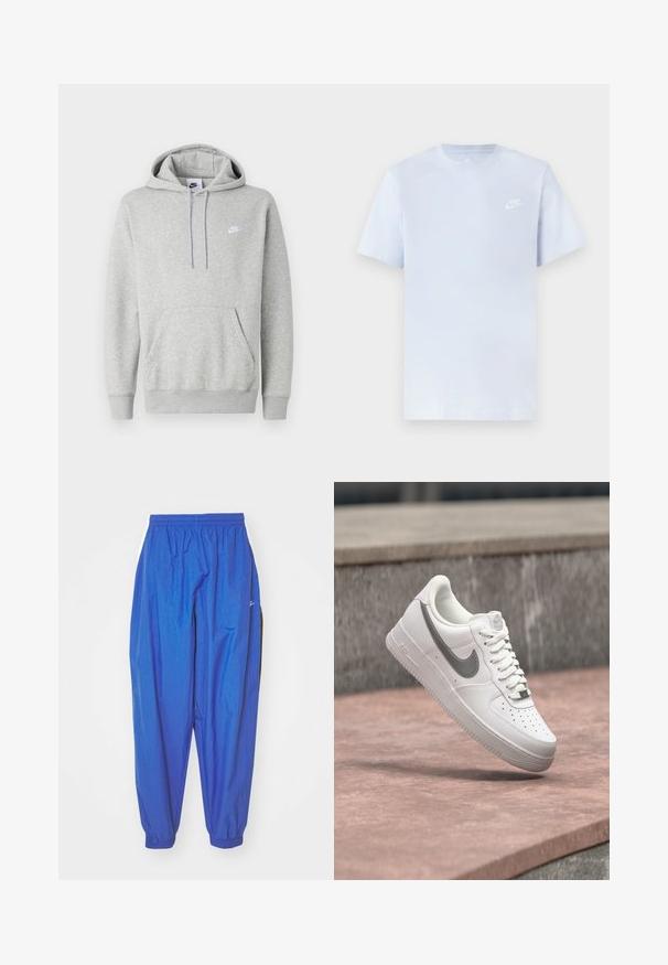Lichtgrijze hoodie van zachte stof, met een buidelzak, capuchon met trekkoord en een klein wit logo op de borst.; Lichtblauwe katoenen t-shirt met korte mouwen, ronde hals en een wit Nike-logo gedrukt op de linkerborst. Glad textuur, eenvoudig ontwerp.; Blauwe sportbroek van lichtgewicht stof, met een elastische tailleband, manchetachtige hemden en witte zijstrepen.; Witte Nike Air Force 1 sneaker met grijs swoosh-logo zwevend boven een stenen oppervlak en een grijze stenen muur op de achtergrond.