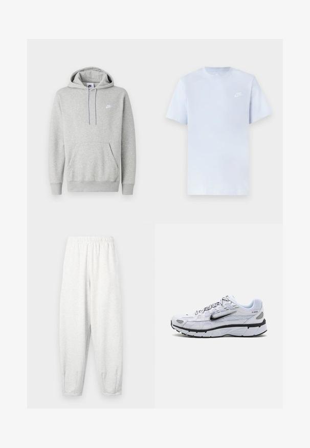 Hellgrauer Hoodie aus weichem Stoff mit Kängurutasche, Kapuze mit Kordelzug und kleinem weißem Logo auf der Brust.; Hellblaue Baumwoll-T-Shirt mit kurzen Ärmeln, Rundhalsausschnitt und einem weißen Nike-Logo, das auf der linken Brust gedruckt ist. Glatte Textur, schlichtes Design.; Hellgraue Sweatpants aus weichem Stoff, mit einem elastischen Bund, schmal zulaufenden Beinen und Fußbündchen. Einfaches Design ohne Muster.; Weißer Laufschuh mit Obermaterial aus Mesh, abgerundetem Zeh, schwarzen Akzenten und gemusterter Sohle. Verfügt über Schnürung und Branding an der Seite.