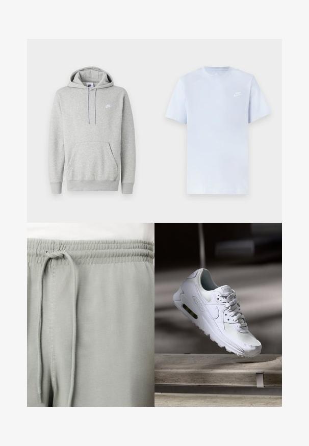 Sudadera con capucha de color gris claro hecha de tela suave, con un bolsillo tipo canguro, capucha con cordón y un pequeño logo blanco en el pecho.; Camiseta de algodón de color azul claro con mangas cortas, cuello redondo y un logo blanco de Nike impreso en el pecho izquierdo. Textura suave, diseño sencillo.; Primer plano de pantalones de chándal gris claro con cintura elástica y cordón, llevados con una camiseta blanca.; Zapatilla Nike Air Max 90 blanca con parte superior de malla y cuero, caja de puntera perforada y unidad de aire visible en el talón.
