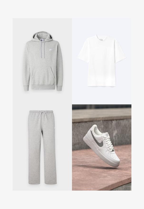Lichtgrijze hoodie van zachte stof, met een buidelzak, capuchon met trekkoord en een klein wit logo op de borst.; Effen witte T-shirt met korte mouwen en ronde hals, met een losse pasvorm, weergegeven op een lichte achtergrond.; Grijze joggingbroek met een elastische tailleband en trekkoord. Gemaakt van zachte stof, met rechte pijpen en subtiel logodetail.; Witte Nike Air Force 1 sneaker met grijs swoosh-logo zwevend boven een stenen oppervlak en een grijze stenen muur op de achtergrond.