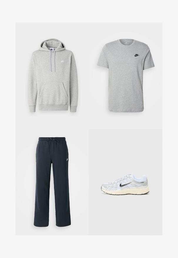 Lichtgrijze hoodie van zachte stof, met een buidelzak, capuchon met trekkoord en een klein wit logo op de borst.; Grijze T-shirt met korte mouwen van katoen, voorzien van een zwart Nike-logo op de borst en een ronde halslijn. Minimalistisch ontwerp zonder patronen.; Donkerblauwe joggingbroek met een elastische tailleband en een trekkoord. Gemaakt van zachte stof, met een klein wit logo op de linkerheup.; Witte mesh sneakers met zilveren accenten, zwarte Nike swoosh, gevoerde kraag en een gestructureerde zool. Bevat een gelaagd ontwerp voor stabiliteit.