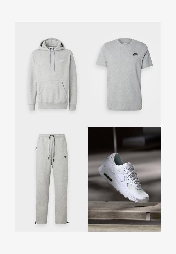 Lichtgrijze hoodie van zachte stof, met een buidelzak, capuchon met trekkoord en een klein wit logo op de borst.; Grijze T-shirt met korte mouwen van katoen, voorzien van een zwart Nike-logo op de borst en een ronde halslijn. Minimalistisch ontwerp zonder patronen.; Grijze Nike trainingsbroek met een verstelbare tailleband, zijzakken en elastische boorden. Heeft een soepele textuur en contrasterende zwarte logo-details.; Witte Nike Air Max 90 sneaker met een bovenwerk van mesh en leer, een geperforeerde teenbox en een zichtbare luchtunit in de hiel.