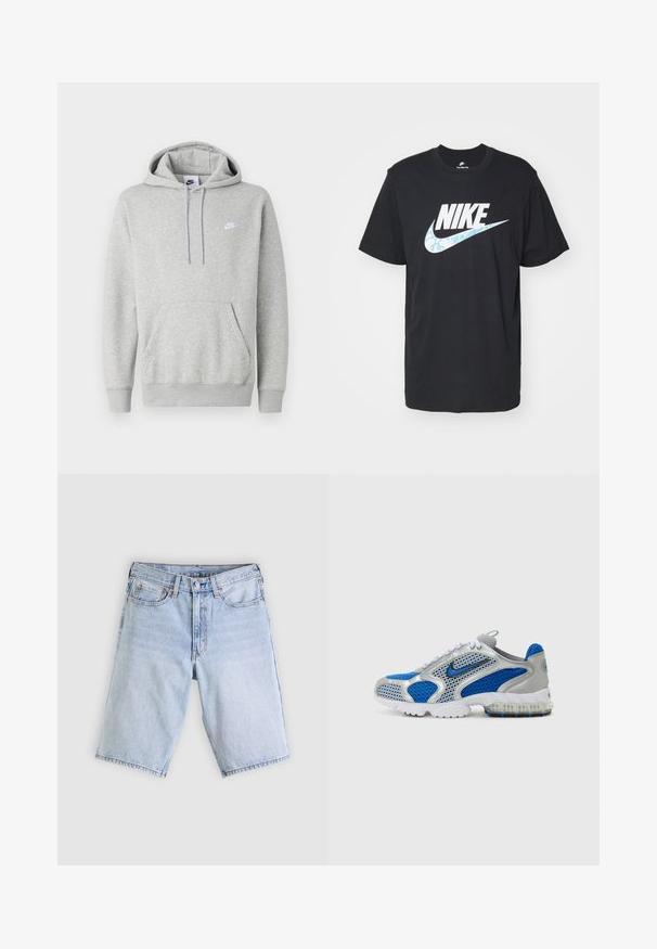 Svetlosivá mikina s kapucňou z mäkkej tkaniny, s klokanie vrecko, sťahovacou šnúrkou na kapucni a malým bielym logom na hrudi.; Nike Sportswear TEE FUTURA - Tričko s potlačou - black; Svetlomodré rifľové šortky s predným gombíkom a zipsom, pútkami na opasok a dizajnom s piatimi vreckami, položené na bielom pozadí.; Modré a strieborné športové topánky s priedušnými panelmi, polstrovaným golierom a priehľadnou podrážkou s modrými akcentmi. Kontrastné šnúrky dotvárajú dizajn.