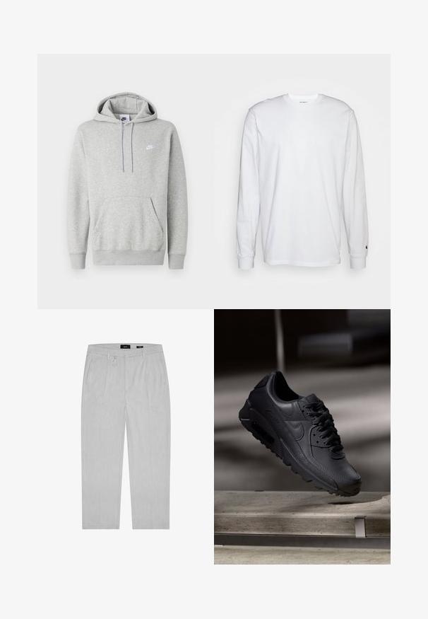 Sweat à capuche gris clair en tissu doux, avec poche kangourou, capuche à cordon de serrage et petit logo blanc sur la poitrine.; T-shirt blanc à manches longues en coton. Design à col rond avec des poignets côtelés et un petit logo sur la manche gauche. Texture lisse.; Pantalon gris clair avec une texture subtile, présentant des plis à l'avant, des poches latérales et des passants de ceinture. Design à jambes droites, style minimaliste.; Baskets noirs Nike Air Max avec un dessus en cuir texturé, semelle en caoutchouc et un système de laçage proéminent, mettant en avant un design moderne et épuré.