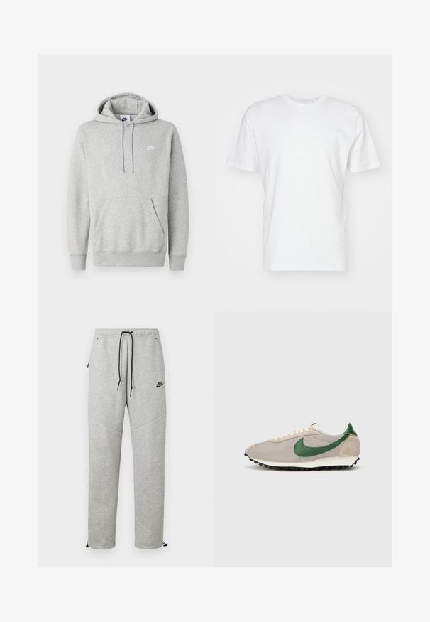 Lysegrå hættetrøje lavet af blødt stof, med kængurulomme, snørre i hætten og et lille hvidt logo på brystet.; Hvid bomulds T-shirt med korte ærmer, rund halsudskæring og en glat tekstur. Enkel design uden mønstre eller grafik.; Grå Nike sweatpants med snøre i taljen, sidelommer og elastiske manchetter. Har en glat overflade og kontrastfarvet sort logo-detalje.; Beige løbesko med grønne ruskindsdetaljer, struktureret mesh-overdel, cremefarvede snørebånd og sort gummisål med trækkraftsstifter.