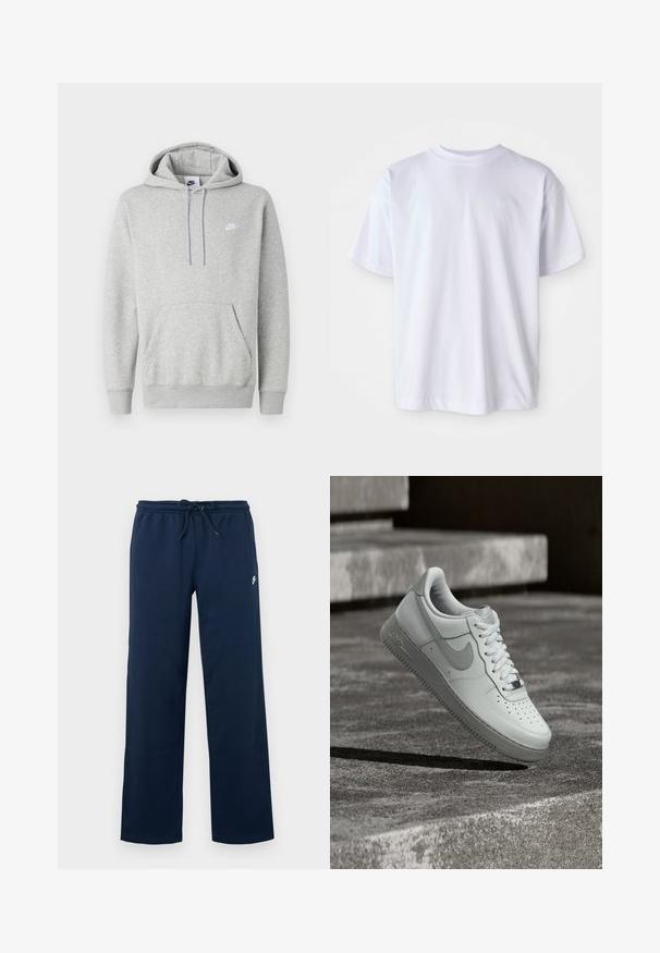 Lysegrå hættetrøje lavet af blødt stof, med kængurulomme, snørre i hætten og et lille hvidt logo på brystet.; Hvid bomulds T-shirt med rund hals og korte ærmer. Har et diskret logo broderet i matchende farve på venstre bryst.; Mørkeblå joggingbukser med elastisk taljebånd og snøre. Har en lille hvid logo på venstre hofte. Lavet af blødt stof.; Hvid Nike Air Force 1 sneaker, der svæver over en tekstureret betongulv med stenetrin i baggrunden.