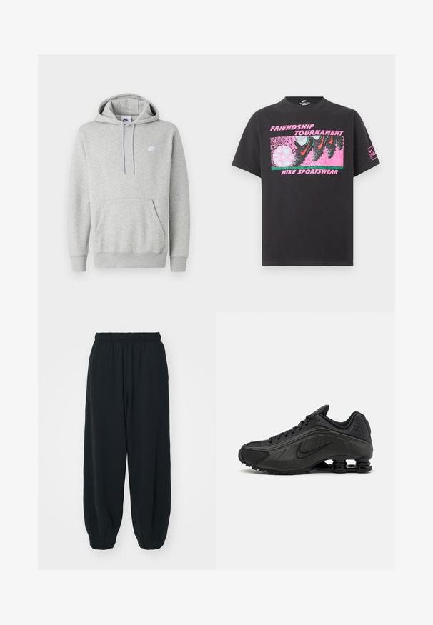 Lysegrå hættetrøje lavet af blødt stof, med kængurulomme, snørre i hætten og et lille hvidt logo på brystet.; Sort Nike t-shirt med pink grafik af fodboldstøvler, der sparker en fodbold, teksten "Friendship Tournament" og "Nike Sportswear" på forsiden.; Sorte svedbukser med elastisk talje, løs pasform, afsluttede ankler, glat tekstur og uden synlige mønstre eller hardware-detaljer.; Sorte løbesko med en glat syntetisk overdel, perforerede detaljer, teksturerede sidedele og en distinkt fjedrende sål.