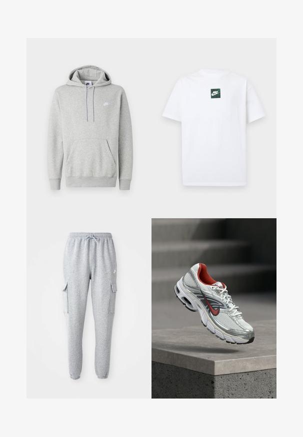 Lichtgrijze hoodie van zachte stof, met een buidelzak, capuchon met trekkoord en een klein wit logo op de borst.; Witte Nike T-shirt met korte mouwen en een klein groen vierkant logo met de Nike swoosh en tekst, gecentreerd op de borst.; Grijze sweatpants van zachte stof, met een elastische tailleband met trekkoord, twee zijzakken en taps toelopende boorden.; Witte en zilveren Nike hardloopschoen met rode accenten die zweeft boven een betonnen rand, waarbij de zijkant en zool details worden getoond.