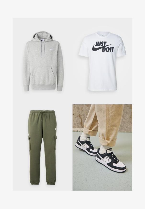 Sudadera con capucha de color gris claro hecha de tela suave, con un bolsillo tipo canguro, capucha con cordón y un pequeño logo blanco en el pecho.; Camiseta de algodón blanca con un prominente logo negro "Just Do It" y el swoosh de Nike. Diseño clásico de cuello redondo con mangas cortas.; Pantalones cargo verde oliva con cintura elástica, cierre con cordón, bolsillos laterales y logotipo de la marca en el muslo. Tejido suave de mezcla de algodón.; Zapatillas Nike Air Force 1 en blanco y negro con parte superior de cuero, puntera perforada y detalle de suela texturizada, combinadas con pantalones beiges remangados y calcetines blancos.