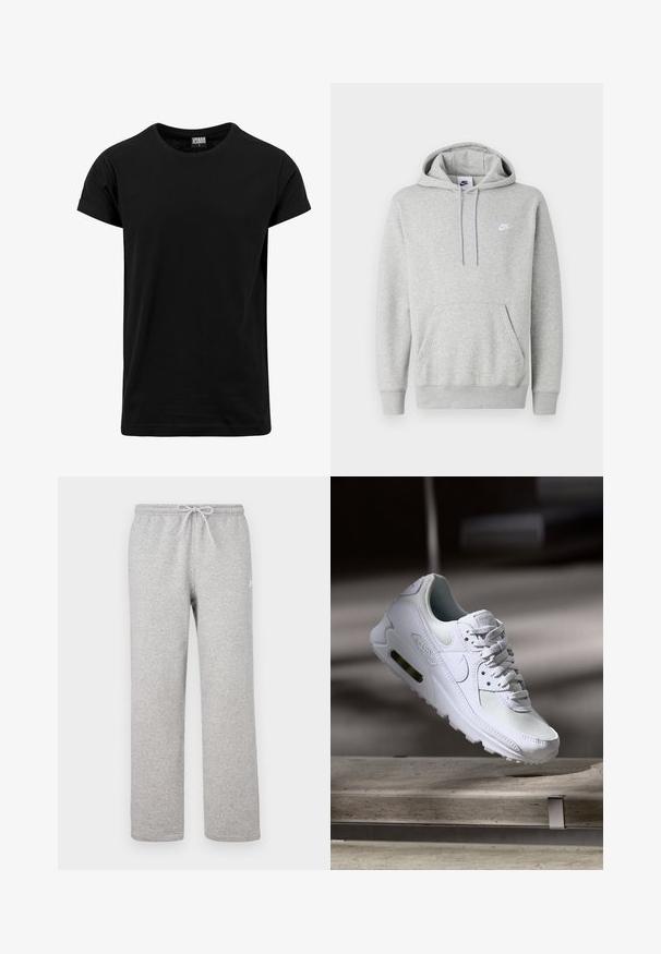 Hellgrauer Hoodie aus weichem Stoff mit Kängurutasche, Kapuze mit Kordelzug und kleinem weißem Logo auf der Brust.; Schwarzes T-Shirt aus Baumwolle, mit klassischem Rundhalsausschnitt, kurzen, umgeschlagenen Ärmeln und geradem Saum. Einfaches, einfarbiges Design ohne Muster.; Graue Jogginghosen mit einem elastischen Bund und Kordelzug. Hergestellt aus weichem Stoff, zeichnen sie sich durch gerade Beine und ein dezentes Logodetail aus.; Weiße Nike Air Max 90 Sneaker mit einem Obermaterial aus Mesh und Leder, durchlässigem Zehenbereich und einer sichtbaren Air-Einheit in der Ferse.