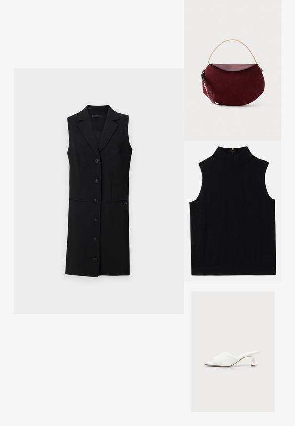 Sort ærmeløs turtleneck-top lavet af blødt materiale, med høj krave og en lynlås i ryggen. Enkel design uden mønstre eller detaljer.; Sort sansærmet blazer kjole med skræddersyet design, blazerkrave, seks frontknapper og sidelommer. Glat stof med minimale detaljer.; Hvid åben mulesko med lav buet hæl og en polstret bred rem over foden mod en ensfarvet baggrund.; Mørkerød ruskind skuldertaske i halvmåneform med glat læderklap, guldkædehåndtag og justerbar læderrem på hvid baggrund.