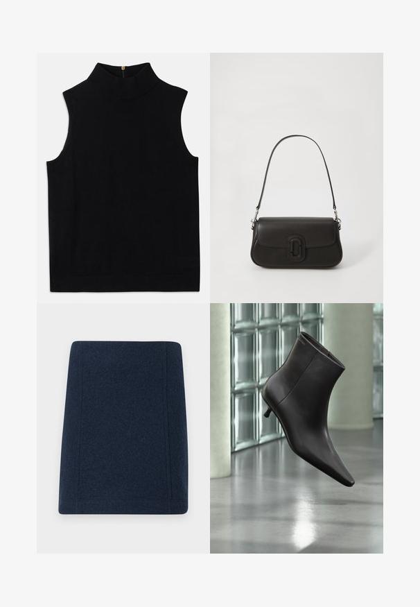 Sort ærmeløs turtleneck-top lavet af blødt materiale, med høj krave og en lynlås i ryggen. Enkel design uden mønstre eller detaljer.; Marine uld mini nederdel med en lige form, flade sømme og en glat tekstur. Ingen synlige mønstre eller udsmykninger.; Sort læderankelstøvle med spids tå og lille hæl vist mod en væg af glasblokke og poleret gulv baggrund.; Sort læderhåndtaske med en struktureret form, flad top, tynd rem og en fremtrædende logo-accents på fronten. Glat tekstur.