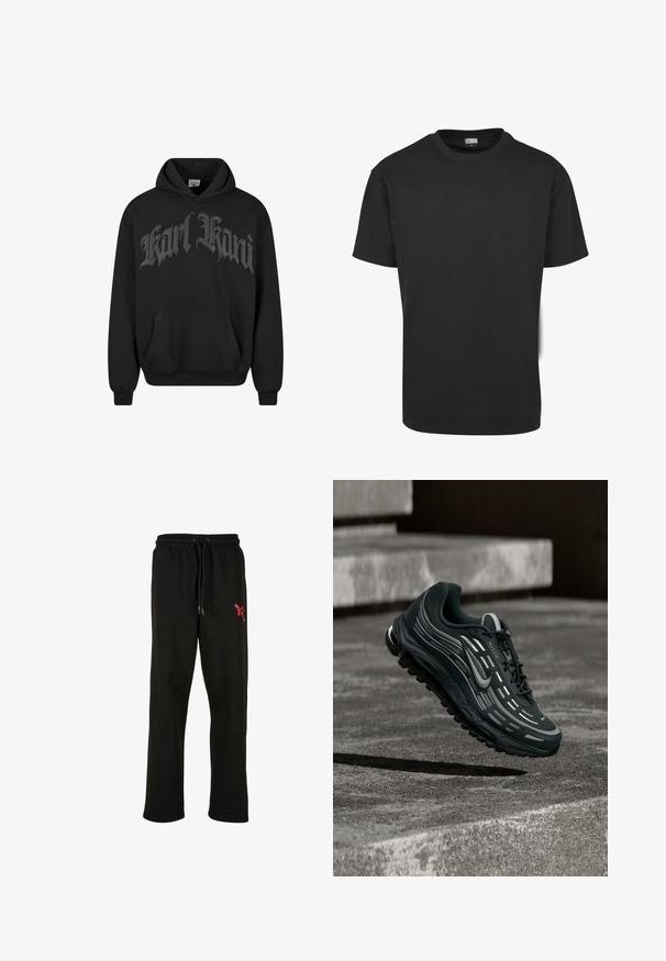 Sudadera con capucha negra hecha de una mezcla de algodón, con un bolsillo frontal tipo canguro y un logo estilizado de "Karl Kani" en un sutil gris oscuro.; Camiseta negra de algodón con mangas cortas, cuello redondo y un ajuste estándar. La tela parece suave y sin adornos.; Pantalones de chándal negros con cintura elástica y cordón ajustable. Presentan un acento de logo rojo en el muslo izquierdo. Material suave.; Zapatilla Nike Air Max negra y gris flotando sobre escalones de hormigón gris con fondo de suelo texturizado.