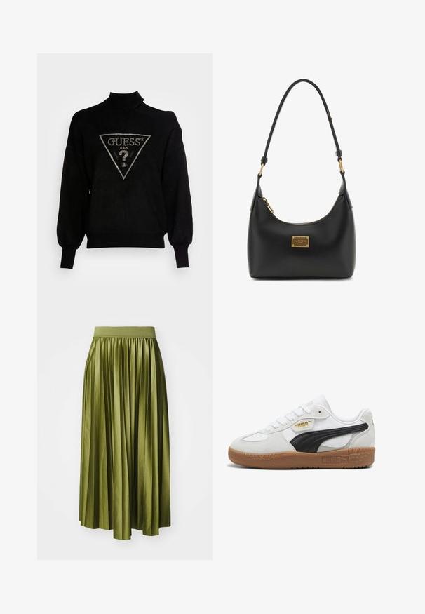 Zwarte trui met hoge kraag, ruime pasvorm en ribgebreide manchetten. Bevat een driehoekig logo met metalen accenten in het midden.; Plissé midi rok in olijfgroen satijn, met een brede elastische tailleband en een vloeiende silhoutte met verticale plooien.; Witte leren sneakers met een zwarte suède streep, gumrubberen zool en gouden branding aan de zijkant. Vetersluiting met een afgeronde neus.; Zwarte leren schoudertas met gouden ritssluiting en rechthoekige gouden plaat met de tekst "MARCIANO GUESS" aan de voorkant.