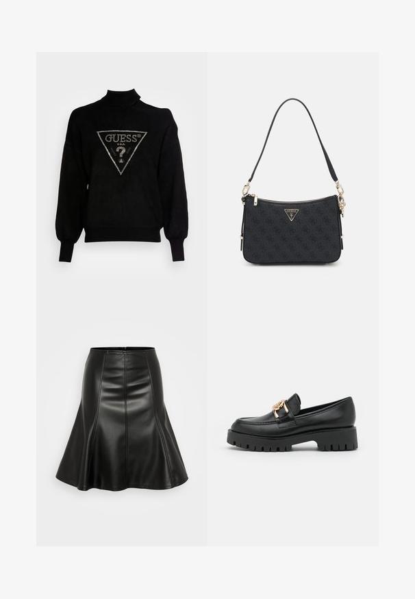Sort pullover sweater med høj krave, løs pasform og ribstrikkede manchetter. Har et trekantet logo med metal accenter i midten.; ONLY ONLELLINOR SKIRT - Pliceret nederdel /Nederdele med folder - black; Sorte læder loafers med en kraftig sål og guldhardware; har rund tå og syede detaljer langs overdelen.; Sort Guess handbag med struktureret logo mønster, hardware i guldfarve, lynlåslukning og justerbar skulderrem. Kompakt, rektangulær form.
