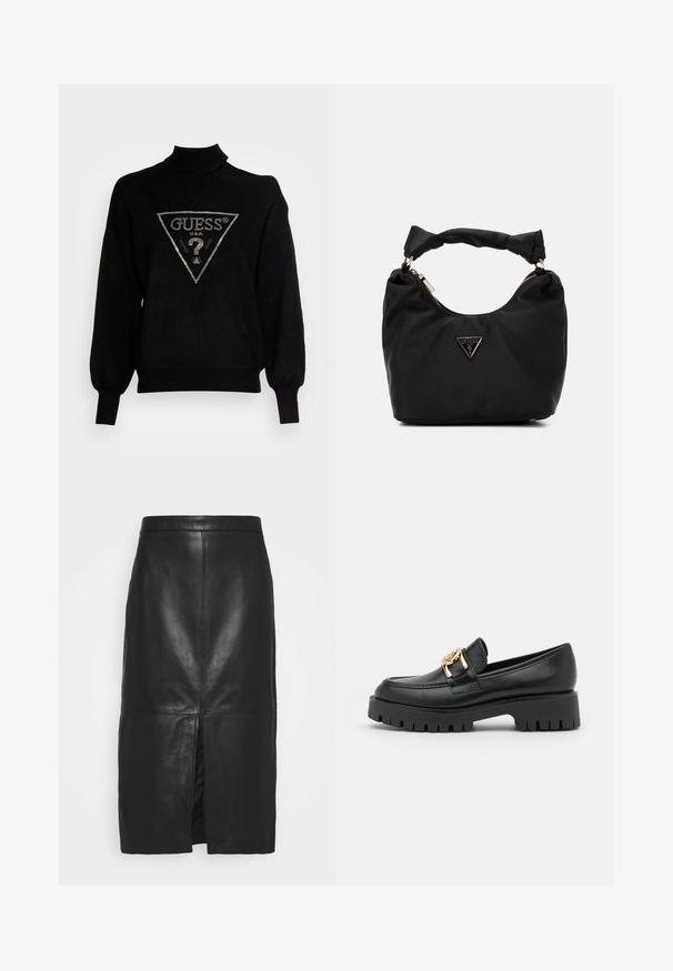 Sort pullover sweater med høj krave, løs pasform og ribstrikkede manchetter. Har et trekantet logo med metal accenter i midten.; Sort læder midi-nederdel med en tætsiddende talje, lige snit og en forklaring i fronten. Glat tekstur med diskret glans og rene syningsdetaljer.; Sorte læder loafers med en kraftig sål og guldhardware; har rund tå og syede detaljer langs overdelen.; Sort stof håndtaske med en buet form, knyttet hank, fremtrædende guldlogo detalje og lynlåslukning. Glat tekstur og minimalistisk design.