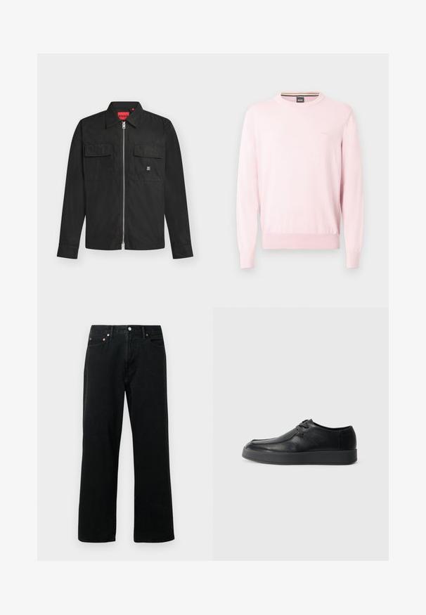 Pull rose pâle à manches longues et col rond, avec poignets et ourlet côtelés, logo subtil "BOSS" brodé sur la poitrine et étiquette à l'intérieur du col.; Veste noire zippée à manches longues avec col, deux poches avant à rabat et logo HUGO visible sur la poche droite.; Jeans en denim noir avec une coupe droite, un design à cinq poches, des clous en métal et une fermeture à bouton. Le tissu a une texture douce avec un délavage minimal.; Calvin Klein HYBRID CUP WALLABEE - Derbies & Richelieus - triple black