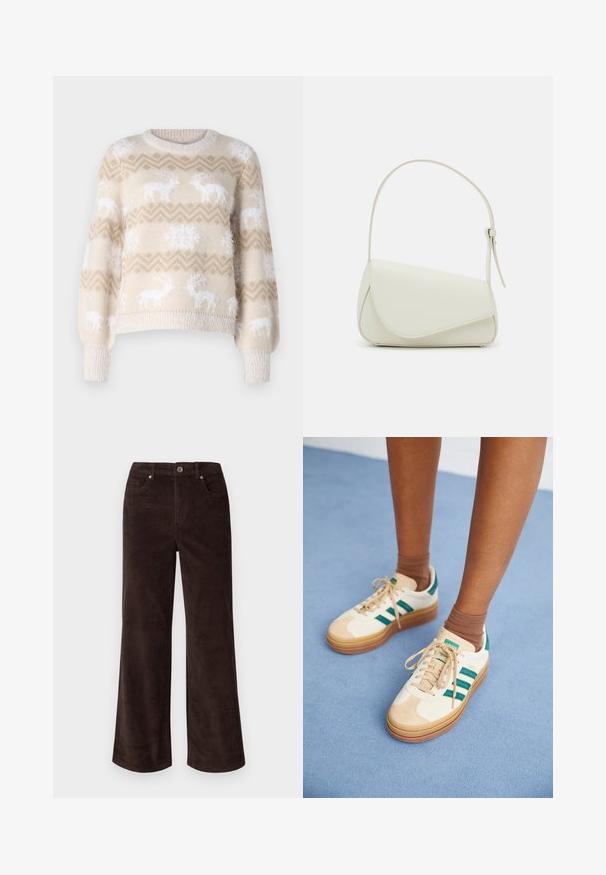 Lys beige strikket sweater med hvide rensdyr og snefnug mønstre, rund halsudskæring og ribbede manchetter. Blød tekstur, afslappet pasform.; Vero Moda Petite VMTESSA PANTS - Bukser - chocolate torte; Beige sneakers med mørkegrønne striber, gummisål, overdel i ruskind og tekstil samt neutralt hardware, parret med brune sokker på en lyseblå overflade.; Hvid taske i faux læder med en struktureret trekantet form, enkelt justerbart skulderstrop og en flaplås med kurver.