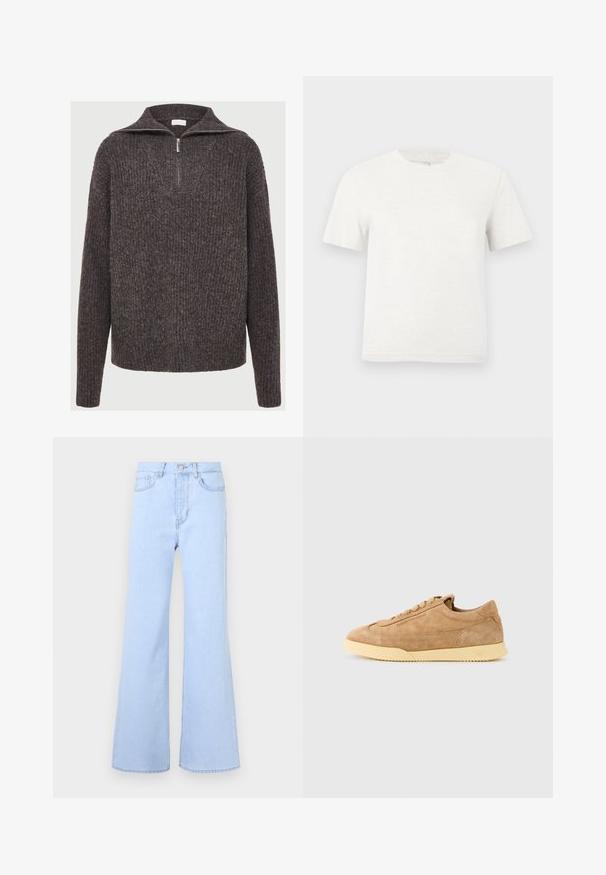 Brauner, gerippter Strickpullover mit langen Ärmeln und einem halben Reißverschluss am Kragen.; Schlichtes weißes Kurzarm-T-Shirt aus Baumwolle mit rundem Ausschnitt und dezent gesticktem Logo in der Mitte der Brust.; Helle blaue Schlagjeans mit hoher Taille, die über fünf Taschen, einen Knopfverschluss und eine glatte Denim-Oberfläche verfügen. Der Saum ist sauber genäht.; Hellbraune Wildledersneaker mit Schnürverschluss und off-white strukturiertem Sohlenbereich, Emporio Armani-Logo an der Seite und auf der Sohle geprägt.