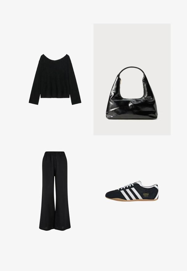 Pull noir à manches longues avec un col large légèrement baissé et un ourlet droit.; Pantalons larges noirs en tissu léger. Dotés d'une taille élastique et d'un design fluide atteignant le sol.; Sneakers en suede noir avec trois bandes blanches, logo doré et semelle en caoutchouc marron. Présente un design à lacets à profil bas.; Sac à main en cuir verni noir avec une anse semi-circulaire, forme trapézoïdale, texture lisse et une fermeture éclair simple.