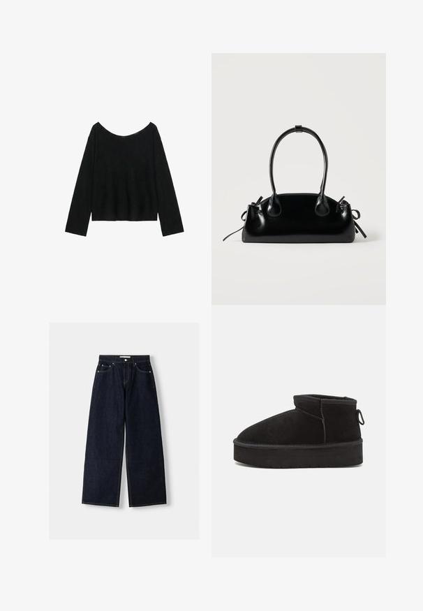 Sort langærmet sweater med en bred, let sænket udskæring og en lige kant forneden.; Mørkeblå denim wide-leg jeans med høj talje, fem lommer, kontraststing og sølvfarvet metalbeslag. Glat overflade og pæn finish.; Sorte ruskinds ankelstøvler med en rund tå, der har en forhøjet sål og en sidesløjfe for nem påtagning. Designet er enkelt med minimale detaljer.; Lille sort blank håndtaske med to lange håndtag og snøre-detaljer i siden på en ensfarvet lys baggrund.