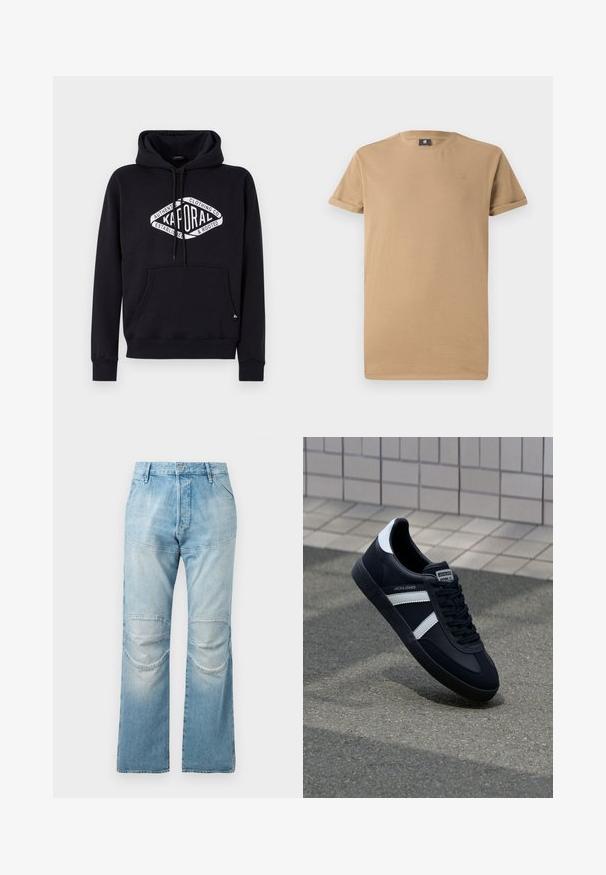 Sudadera color gris carbón hecha de material suave, que presenta un bolsillo delantero y un prominente logo blanco en el pecho. Corte regular con cordones.; Camiseta de manga corta en tono beige, fabricada en suave algodón, con un escote redondo y mangas enrolladas, y un pequeño logo en el pecho.; Jeans de corte recto de talle alto en azul claro, con parches en las rodillas y una textura desgastada. Cierre de botón metálico en la cintura.; Zapatilla de cuero negra con rayas blancas, suela de goma texturizada y parte frontal con cordones. Cuenta con una etiqueta de marca en la lengüeta.