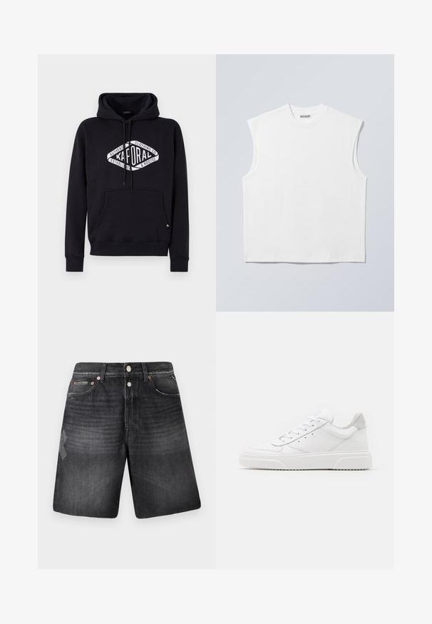 Hoodie in charcoalgrijs, gemaakt van zacht materiaal, met een voorzak en een opvallend wit logo op de borst. Regular fit met een trekkoord.; Wit mouwloos katoenen top met ronde hals en gestructureerde schouders, met het merk "WEEKDAY" op het label in de kraag, afgebeeld op een lichtgrijze achtergrond.; Zwarte denim shorts met een vervaagde afwerking, voorzien van vijf zakken, koperen hardware en een rechte pijpdesign.; Witte leren sneakers met een gladde afwerking, ronde neus, platte veters en een gestructureerde zool. Grijze suède accent bij de hiel.