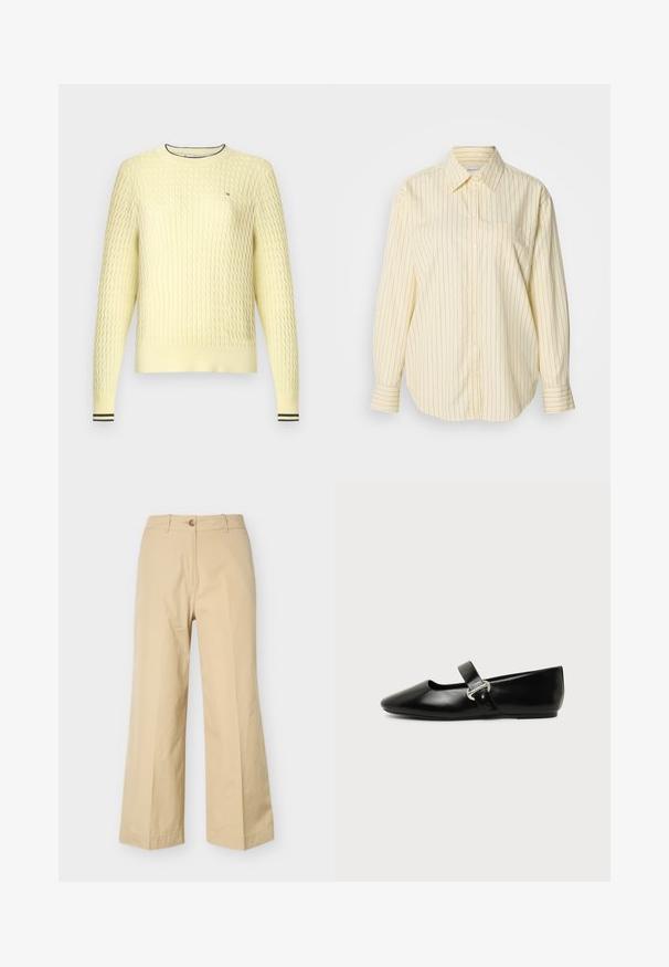 Pull en maille jaune avec un motif texturé, des poignets et un col côtelés agrémentés de rayures noires. Présente un petit logo sur la poitrine.; Chemise à rayures jaunes à boutons, manches longues, col classique et une poche poitrine unique. Rayures bleues sur un tissu doux et texturé.; Pantalon ample beige avec fermeture boutons et fermeture éclair, passants pour ceinture, et un design frontal épuré, présenté sur un fond blanc.; Chaussure plate Mary Jane en cuir noir avec bout arrondi et bride à boucle argentée sur fond uni.