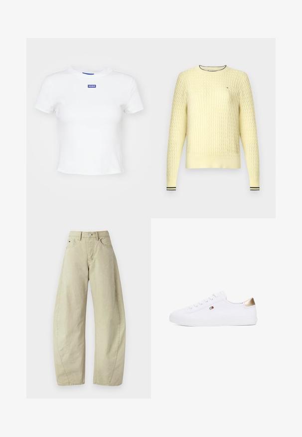 Geel gebreide trui met een gestructureerd patroon, geribbelde manchetten en halslijn met zwarte streepaccents. Heeft een klein logo op de borst.; Witte katoenen t-shirt met korte mouwen, ronde halslijn en een blauwe rechthoekige logo patch met de tekst "HUGO" op het midden voor.; Lichtgroene wijde jeans gemaakt van katoen, met een hoge taille, voorzakken en een knoopsluiting. Gladde stof met minimale textuur.; Witte canvas sneakers met ronde neus, vetersluiting aan de voorkant en een gouden accent op de hak. Beschikt over een klein embleem aan de zijkant.