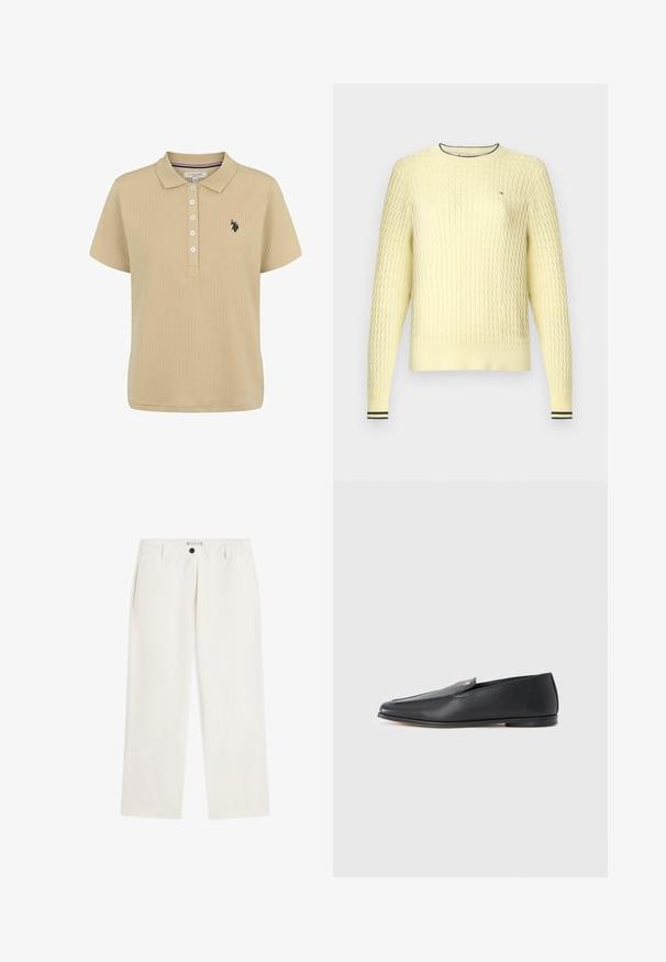 Pull en maille jaune avec un motif texturé, des poignets et un col côtelés agrémentés de rayures noires. Présente un petit logo sur la poitrine.; Polo beige à rayures, à manches courtes, avec un plastron à cinq boutons et un logo brodé en noir sur la poitrine gauche. Texture de tissu douce.; Pantalon blanc à jambes droites avec passants de ceinture, poches latérales et fermeture par bouton noir à la taille, présenté sur fond blanc.; Mocassins en cuir noir à texture lisse, bout arrondi et détails de couture subtils. Ils présentent un accent logo doré sur le côté supérieur.