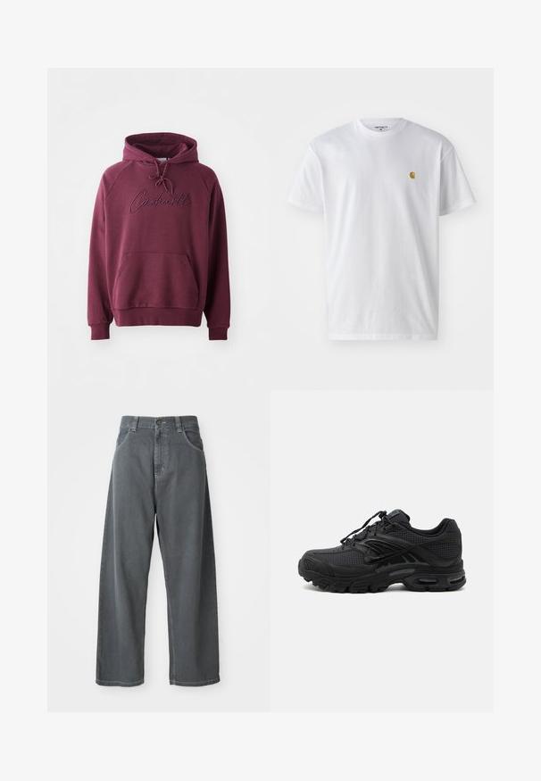 Μπορντό hoodie κατασκευασμένο από μαλακό ύφασμα, με καγκουρό τσέπη, κουκούλα με κορδόνι και κεντημένο λογότυπο "Carhartt" στο μπροστινό μέρος.; Λευκό βαμβακερό T-shirt με κοντά μανίκια, κλασική λαιμόκοψη, που διαθέτει ένα μικρό χρυσό λογότυπο στην αριστερή περιοχή του στήθους. Μαλακή υφή και κανονική εφαρμογή.; Γκρι τζιν παντελόνι σε φαρδύ στιλ με ψηλή μέση, που διαθέτει μπροστινές τσέπες, θηλιές ζώνης και κουμπί κλεισίματος στη μέση.; Μαύρο αθλητικό παπούτσι με υφασμάτινη υφή, παχιά μαξιλαρωτή σόλα, αεραγωγούς και κλείσιμο με κορδονάκια, εμφανίζεται από το πλάι σε ανοιχτό φόντο.