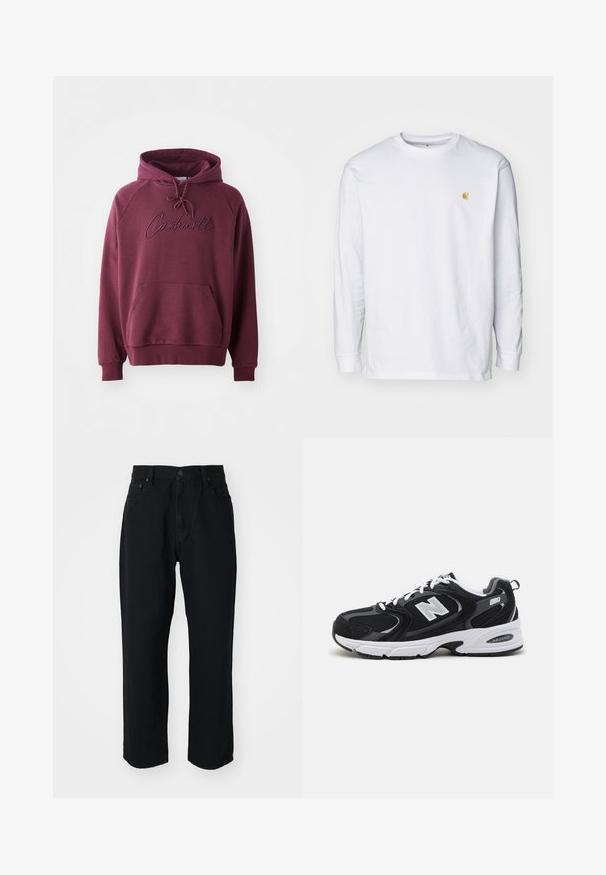 Bordeaux hoodie gemaakt van zachte stof, met een kangoeroezak, een capuchon met trekkoord en een geborduurd "Carhartt" logo aan de voorkant.; Witte lange mouwen t-shirt van katoen. Voorzien van een klein gouden logo op de borst en een ronde hals. Eenvoudig ontwerp en standaard pasvorm.; Zwarte denim jeans met een rechte snit, lichte textuur, vijf zakken en een knoopsluiting in de taille.; Zwarte en grijze sport schoenen met een bovenwerk van mesh en suede, voorzien van een witte tussenzool, veters en een gedurfde "N"-logo aan de zijkant.