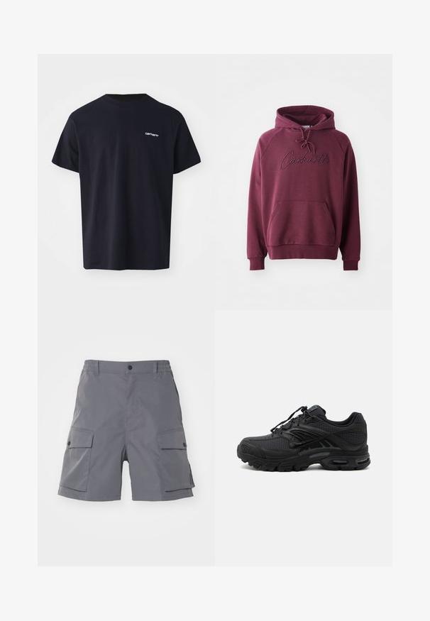 Bordeaux hoodie gemaakt van zachte stof, met een kangoeroezak, een capuchon met trekkoord en een geborduurd "Carhartt" logo aan de voorkant.; Zwarte katoenen T-shirt met korte mouwen, ronde hals en een subtiele witte logo op de linkerkant van de borst. Gladde textuur, reguliere pasvorm.; Carhartt WIP BALTO - Shorts - graphite; Zwarte atletische sneaker met textuurstof, dikke gevoerde zool, luchtopeningen en vetersluiting, vanaf de zijkant weergegeven tegen een lichte achtergrond.