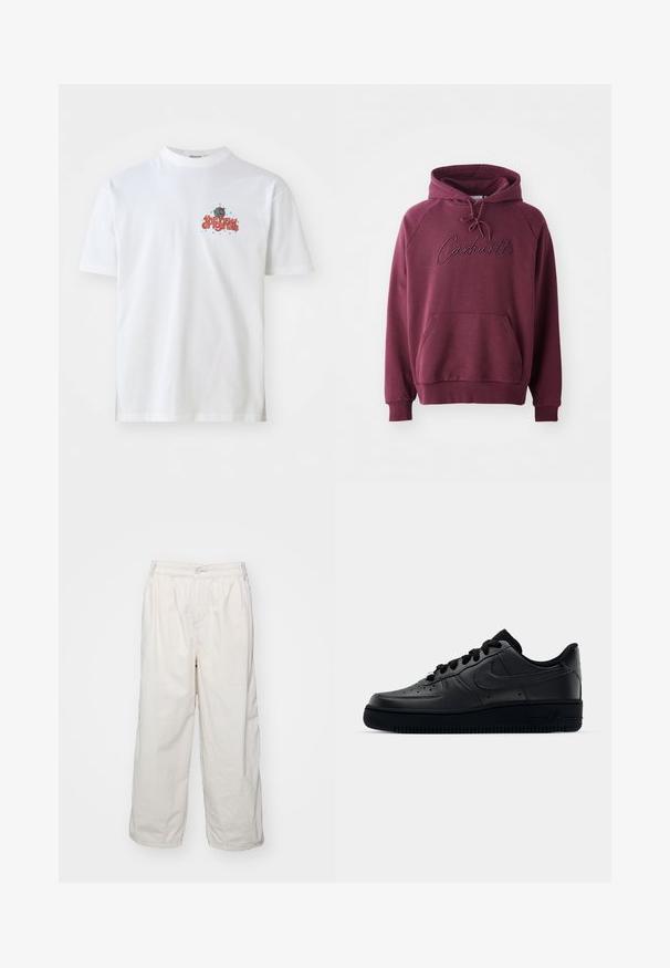 Bordeaux hoodie gemaakt van zachte stof, met een kangoeroezak, een capuchon met trekkoord en een geborduurd "Carhartt" logo aan de voorkant.; Witte katoenen T-shirt met de tekst "the new originals" in het rood met blauwe sterren, ronde hals en korte mouwen.; Witte katoenen wijde broek met een elastische tailleband, voorzien van een knoopsluiting aan de voorkant en zijzakken. Gladde textuur en minimalistisch ontwerp.; Zwarte Nike Air Force 1 sneaker met een gladde leren bovenkant, geperforeerde neus voor ademend vermogen, zwarte veters en een getextureerde rubberen zool.