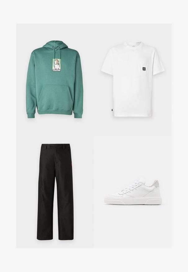 Volcom NODER - Jersey con capucha - sea green; Camiseta blanca de algodón con cuello redondo, mangas cortas y un bolsillo en el pecho con un parche de logo negro. Textura suave, ajuste relajado.; Pantalones anchos negros, confeccionados en una tela suave, con un frente plano, lazos para cinturón y dos bolsillos laterales. Acento del logo de la marca en rojo en un lado.; Zapatillas de cuero blanca con un acabado suave, punta redondeada, cordones planos y una suela texturada. Acento de ante gris en el talón.