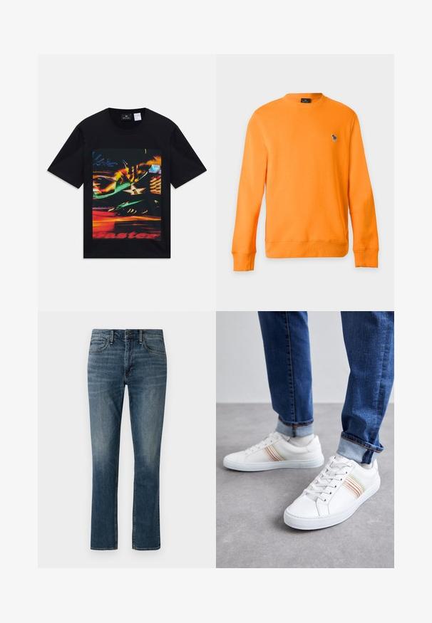 Orange crewneck-sweatshirt med lange ærmer og et lille broderet zebra-logo på venstre bryst mod en ensfarvet baggrund.; Sort t-shirt med korte ærmer og et grafisk design af farverige, slørede neonlys, inklusive en stjerne med nummer et og delvist rødt tekst "hurtigere".; Mørkeblå denimjeans med lige ben. Funktionen inkluderer forlommer, en knaplukning og diskrete slidmærker nær lårene.; Hvide lædersneakers med multicolore striber, snørebåndsdesign, gummisål og polstret krave, parret med blå denimjeans.