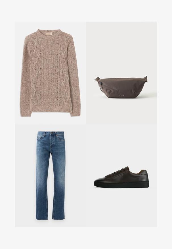 Beige strikketrøje med en tekstureret mønster og kabeldetaljer på siderne. Rund hals og ribbede manchetter og nederkant. Blødt materiale.; Blå denim jeans med lige ben design, falmede vask, fem lommer og kontrastsyning. Knap- og lynlås-lukning i taljen.; Lavprofil mørkebrune lædersneaker med sort gummisål, snørelukning foran og glat minimalistisk design på lys baggrund.; Mørkebrun stof talje taske med diagonalt lynlåslomme og lille hvidt logo på fronten, sat mod en ensfarvet lys baggrund.