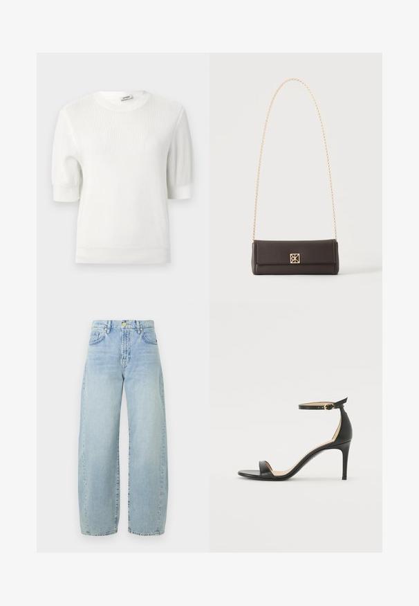 Weißer, kurzärmeliger Pullover aus Rippstrick mit rundem Ausschnitt und enger Bündchen. Glatte Textur mit gleichmäßigem Muster.; Hellblaue Denim-Jeans im weiten Schnitt mit hoher Taille, leichtem Ausbleichen, fünf Taschen und goldfarbener Hardware. Der Saum ist gerade und unvollendet.; Schwarze Leder-high-heeled Sandale mit Knöchelriemen. Verfügt über eine glatte Textur, offene Zehen und einen dünnen Absatz. Goldfarbener Schnallenakzent.; Rechteckige dunkelbraune Ledertasche mit goldener Kettenriemen und einem kleinen quadratischen goldenen Verschluss auf der Vorderseite in der Mitte.