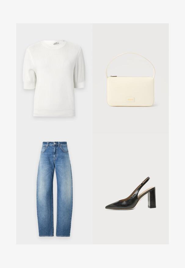Weißer, kurzärmeliger Pullover aus Rippstrick mit rundem Ausschnitt und enger Bündchen. Glatte Textur mit gleichmäßigem Muster.; Hellblaue gerade geschnittene Jeans mit hoher Taille, klassischem Fünf-Taschen-Design und subtiler Ausbleichung. Hergestellt aus Denim mit glatter Textur.; Schwarzer Leder-Slingback-Schuh mit spitzer Kappe, hohem Blockabsatz und beigegefüttertem Innenraum vor hellem, einfarbigem Hintergrund.; Rechteckige Handtasche in Cremefarbe mit einem einzelnen Trageriemen und Reißverschluss oben, ausgestattet mit einer kleinen, geprägten Logoplakette vorne.