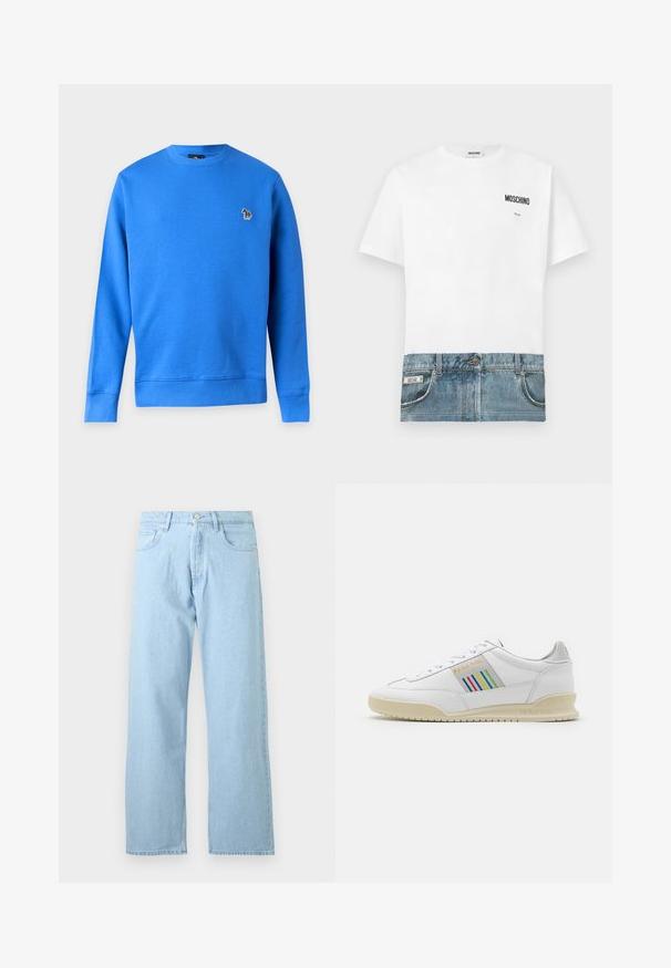 Sweat-shirt bleu à manches longues avec col rond et petit logo zèbre multicolore sur la poitrine gauche sur fond blanc uni.; T-shirt blanc avec une impression en denim en bas, présentant des poches et des coutures. Logo "Moschino" imprimé sur le côté supérieur gauche.; Jean droit en denim bleu clair avec fermeture avant par bouton et zip, passants de ceinture et style cinq poches.; Basket en cuir blanc avec une semelle crème, des accents de rayures multicolores sur le côté et un logo "PS Paul Smith" en doré.