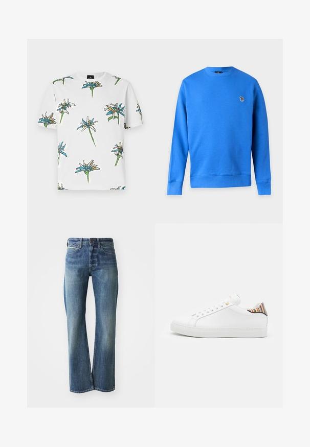 Blaues Sweatshirt mit langen Ärmeln und Rundhalsausschnitt mit kleinem mehrfarbigem Zebralogo auf der linken Brust vor weißem Hintergrund.; Weißes T-Shirt mit kurzen Ärmeln, das ein wiederholtes Blumenmuster in Blau, Gelb und Grün mit schwarzen Umrissen zeigt, hergestellt aus leichtem Stoff.; Jeans aus Denim in einem hellen bis mittleren Blauton, mit geradem Schnitt, klassischem Fünf-Taschen-Design und subtiler Ausbleichung auf der Vorderseite.; Weiße Ledersneaker mit glatter Oberfläche, ausgestattet mit einem bunten gestreiften Akzent an der Ferse, goldener Öse und flacher weißer Sole.