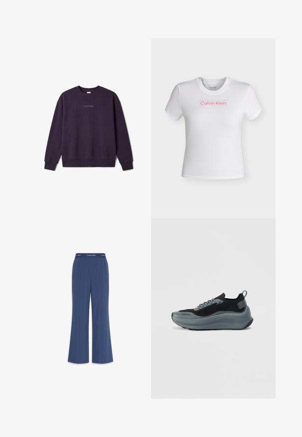 Tmavofialová mikina s dlhým rukávom a okrúhlym výstrihom, s rebrovanými lemy na rukávoch a spodku, s malým bielym logom Calvin Klein v strede na prsiach.; Biele krátke tričko s okrúhlym výstrihom, s logom „Calvin Klein“ v červenej farbe a mierne viditeľným textom „SPORT“ nad ním na hrudi.; Námornícky široké nohavice vyrobené z mäkkého materiálu s hladkou textúrou. Obsahujú elastický pás so značkou "Calvin Klein" pozdĺž vrchu.; Čierne a šedé športové topánky s pleteným zvrškom, hrubou penovou medzipodrážkou a zadným pútkom. Obsahujú šnúrky a textúrovanú gumovú podrážku.