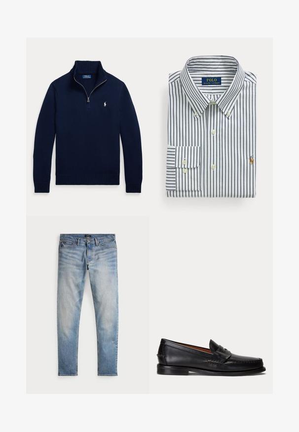 Marineblå langærmet sweater med halvlange lynlås krave og lille hvid Polo Ralph Lauren-logo på venstre bryst.; Foldet hvid skjorte med marineblå lodrette striber, knappet krave og Polo Ralph Lauren-logo broderet på brystet.; Lys blå denimjeans med en falmet finish, fem-lomme design og kontraststing. Har lynlås og bæltesløjfer. Lige pasform.; Sort læderloafer med lav hæl og pennyremdetalje, vist fra siden på en lysegrå baggrund.
