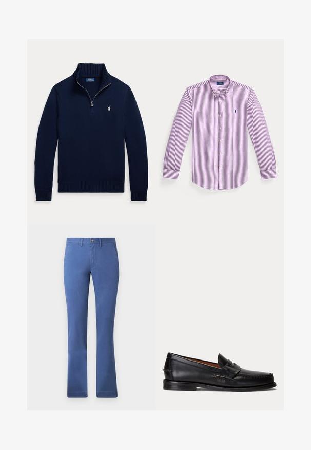 Laivastonsininen pitkähihaisen neule, jossa puolivetoketjullinen kaulus ja pieni valkoinen Polo Ralph Lauren -logo vasemmassa rinnassa.; Pitkähihainen nappipaita, jossa on violetteja ja valkoisia pystysuoria raitoja sekä pieni kirjailtu logo rinnassa.; Siniset puuvillasekoitehousut suoralla lahjamuotoilulla, napin sulkemisella, toimivilla taskuilla ja sileällä pinnalla. Yksinkertainen ja monikäyttöinen tyyli.; Musta nahkainen loafer-malli, jossa matala korko ja penny-yksityiskohta, kuvattuna sivulta vaaleanharmaalla taustalla.