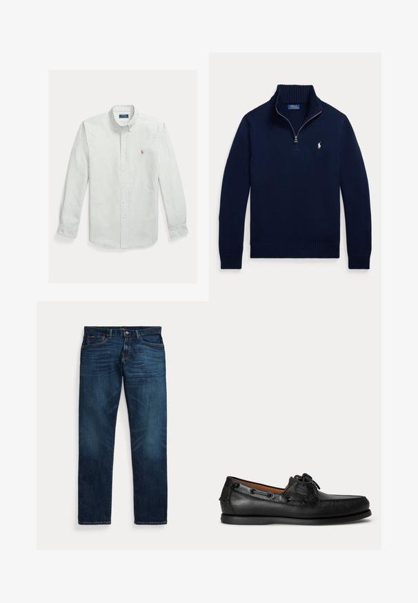 Laivastonsininen pitkähihaisen neule, jossa puolivetoketjullinen kaulus ja pieni valkoinen Polo Ralph Lauren -logo vasemmassa rinnassa.; Vaaleanvihreä ja valkoraidallinen puuvillainen nappipaita, jossa on klassinen kaulus ja pieni kirjailtu logo rinnassa.; Tummansiniset farkut, joissa on hieman haalistumat reisiä ja taskuja kohden, napillinen ja vetoketjullinen suljenta sekä viisitäppinen taskumalli, aseteltu tasaiselle valkoiselle taustalle.; Musta nahkainen mokkasiini, jossa nyöritys ja matala kumipohja, sivulta kuvattuna vaalealla taustalla.