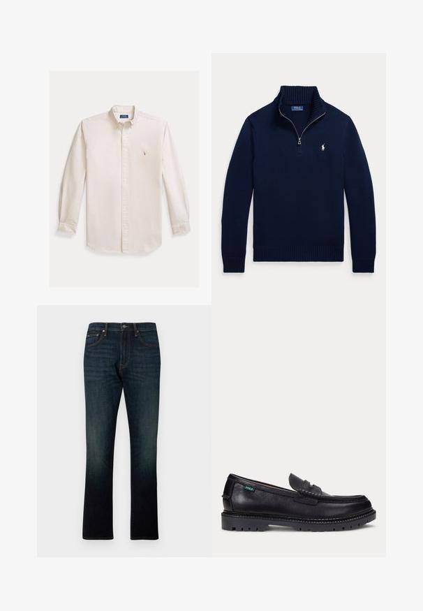 Marineblauer Pullover mit langen Ärmeln, halbhohem Reißverschluss am Kragen und kleinem weißen Polo Ralph Lauren-Logo auf der linken Brustseite.; Langarm-Hemd mit Knopfleiste aus cremefarbenem Baumwollstoff. Verfügt über einen Kent-Kragen und ein kleines gesticktes Logo auf der Brust. Klassische Passform.; Dunkelblaue Straight-Leg-Denim-Jeans mit fünf Taschen und orangener Naht, flach auf weißem Hintergrund dargestellt.; Schwarzer Lederloafer mit dicker Profilsohle und kleinem grünen "Polo"-Etikett an der Außenseite nahe der Ferse.