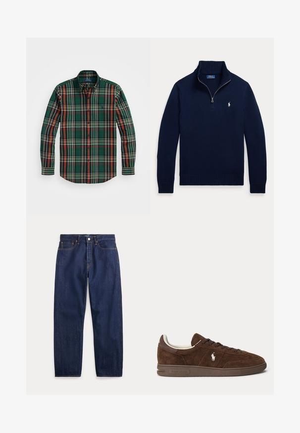 Tmavomodrý sveter s dlhými rukávmi, polovičným zipsom na golieri a malým bielym logom Polo Ralph Lauren na ľavej strane hrude.; Zelená kockovaná košeľa na gombíky s pruhmi v oranžovej, námorníckej modrej a bielej farbe. Má klasický golier a dlhé rukávy, vyrobená z mäkkej bavlnenej tkaniny.; Tmavomodré riflové nohavice s priamymi nohavicami, piatimi vreckami, zapínaním na gombíky a viditeľným šitím.; Hnedé nízke tenisky z brúseného semiačka s tmavo hnedou podrážkou, šnúrkami a bielym vyšívaným logom Polo na boku.